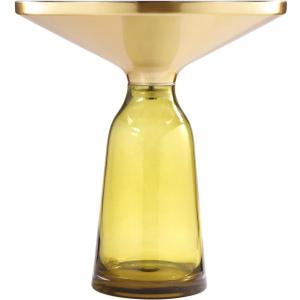 Benjara Len 21 Inch Side End Table, Blown Glass Bell Base, Funnel Steel, Gold and Yellow