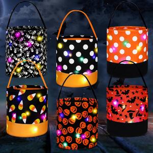 Teling 6 Pcs Halloween Trick or Treat Bucket Light up Pumpkin Candy Bags LED Halloween Treating Baskets Reusable Goody Gift Tote Bag for Birthday Party Favor Supplies(9 x 9.8 Inch,Skull)