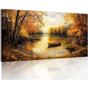 SERIMINO Fall Landscape Large Canvas Wall Art Living Room, Lake Boat Forest Art Prints, Autumn Scenery Nature Decor Pictures, Rustic Gold Paintings Wall Decor Bedroom, Office Decoration 24"X48" (48L" x 24W", Golden Forest Lake Scenery)