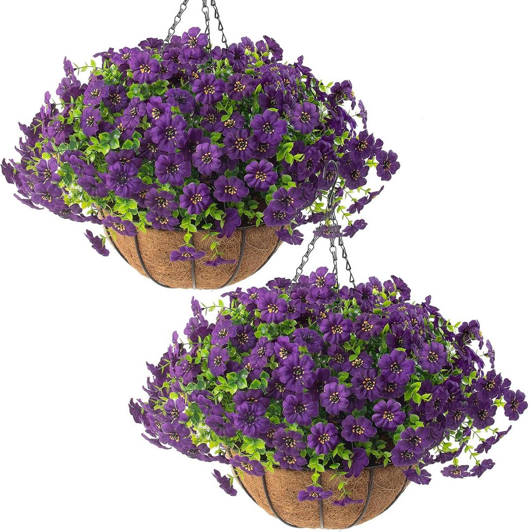 Hananona 2 Set Artificial Outdoor Flowers with Hanging Basket, 2 Hanging Planters with 24 Pcs Flowers for Spring Summer Front Porch Garden Patio Home Decor (2, Purple)