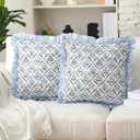 2 PCS Block Print Pillow Covers - Ruffle Modern Farmhouse Floral Throw Pillow Covers Cotton for Couch Sofa Bed Home Decor (Blue,20 x 20 Inches)
