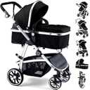 Hagaday Baby Stroller, 2-in-1 Reversible Toddler seat with Bassinet Mode, Foldable Infant Stroller with Canopy, One Button Brake, Adjustable Handle, Newborn Pushchair(Black)