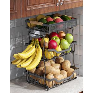 3-Tier Fruit Basket for Kitchen Counter, Wall Hanging Fruit Bowl and Kitchen Countertop Organizer with 2 Banana Hangers, Fruit Storage Stand for Storing Potato Onion Snack Bread Fruit Veggie
