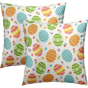 Easter Throw Pillow Covers 18X18 Inches Set of 2 Colorful Eggs Spring Flowers Pillowcase Soft Cotton Square Seasonal Cushion Covers for Living Room Sofa Bedroom Decor