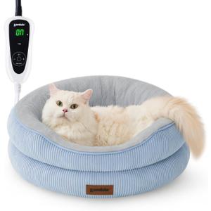 Heated Cat Bed Indoor - Adiustable Temperature Pet Heating Bed with Timer and Chew Resistant Cord, Washable Puppy Bed with Non-Slip Bottom, 21" x 21" x 8", Blue