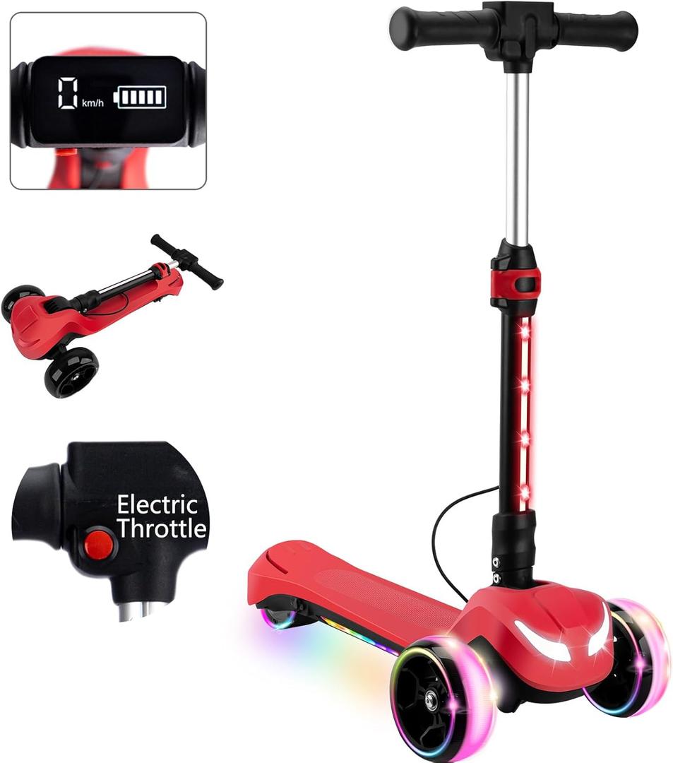 24V Electric Scooter for Kids w/150W Powerful Motor, Thumb Throttle, LCD Screen, Bluetooth, Light-Up Stem Deck & Wheels, 3 Adjustable Heights, 5MPH Safe Speed, 3 Wheel Electric Scooter for Kids (Red)