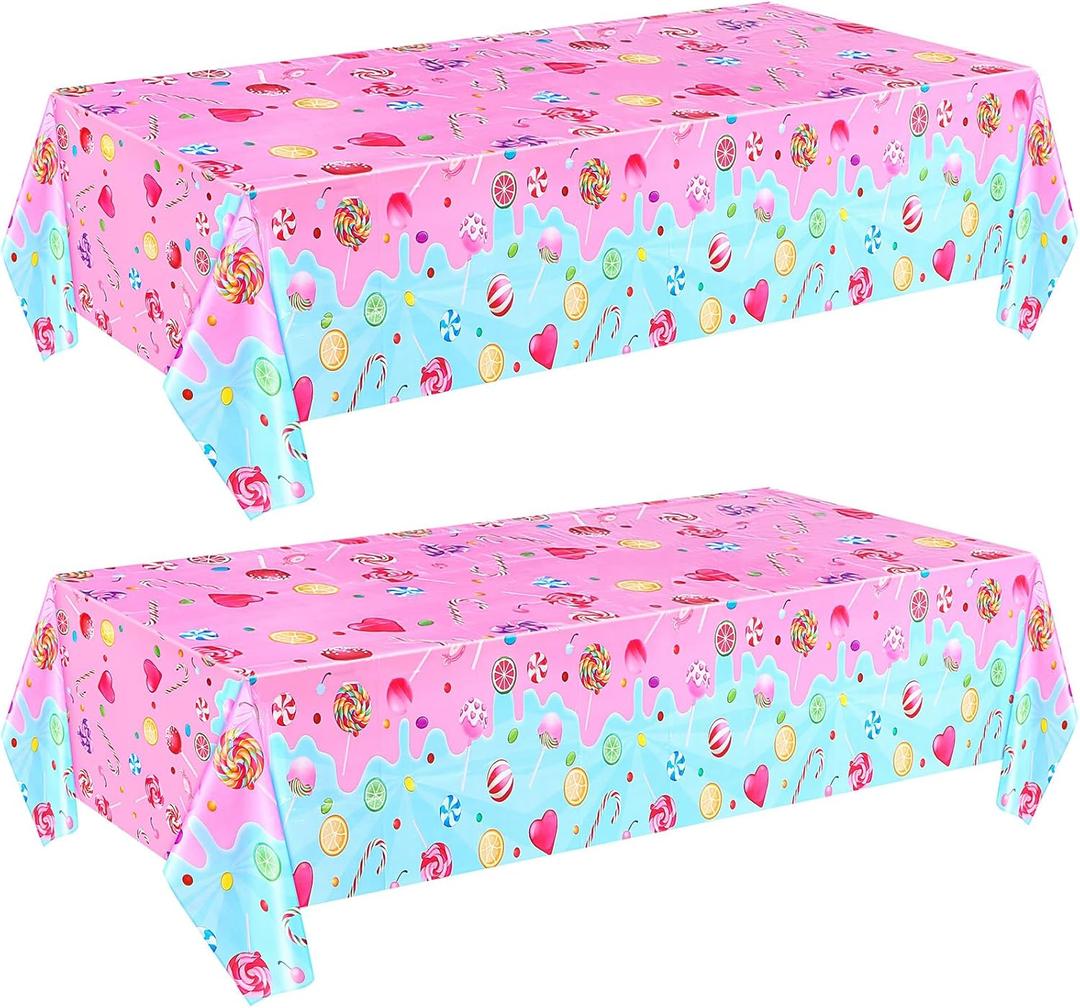 Fanfanwin 2 Pieces Candyland Plastic Tablecloth Candyland Sweet Party Decorations Colorful Lollipop Pink Table Covers for Candy Land Birthday Baby Shower Sweet Party Supplies