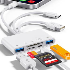 5-in-1 Memory Card Reader, USB OTG Adapter & SD Card Reader for i-Phone/i-Pad, USB C and USB A Devices with Micro SD & SD Card Slots, Supports SD/Micro SD/SDHC/SDXC/MMC