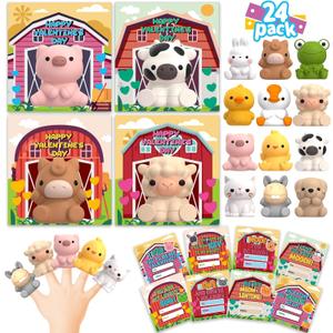 AuroTops 24 Pack Farm Animal Finger Puppets with Unique Cards, Valentine Party Favors for Boys & Girls, Kids Exchange Valentine's Gifts