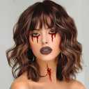 Short Wavy Wig with Bangs Light Brown Wig for Women Shoulder Length Bob Wig Women's Wigs Synthetic Heat Resistant Fiber Wigs for Daily Party Use (14 Inches)