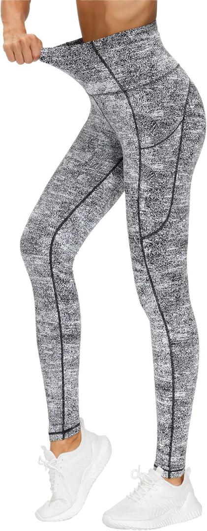 THE GYM PEOPLE Thick High Waist Yoga Pants with Pockets, Tummy Control Workout Running Yoga Leggings for Women (Large, Black/White/Grey)