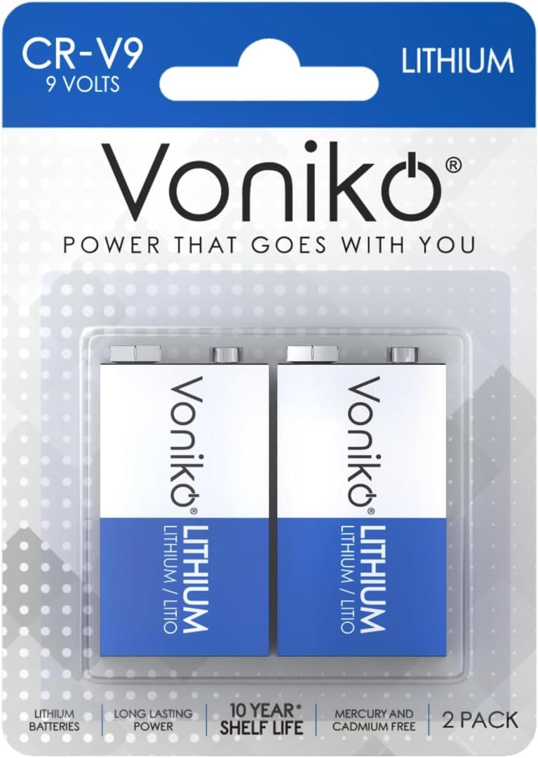 Voniko 9V Lithium Battery 2-Pack, 10-Year Shelf Life, Long-Lasting Power for Smoke Detectors, Carbon Monoxide Alarms & Medical Devices