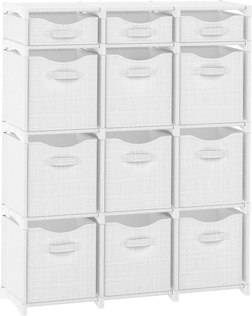 Cube Storage Organizer with Storage Bins Included - The Perfect Closet Organizers and Storage Solution. Includes 12 Storage Cubes, Great For Toy Storage, Closet Storage, Clothes Storage (White-Grey)