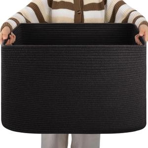 OIAHOMY XX Large Rectangle Blanket Basket-96L, Cotton Woven Basket for Storage, Dirty Clothes Baskets for Living Room, Nursery, Bedroom, Toy Organizing with Handle, 24" x 16" x 15", Charcoal Black