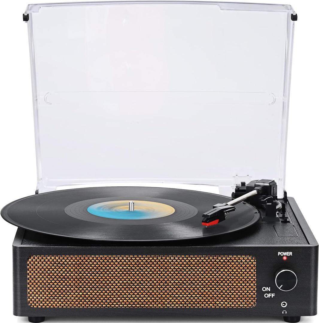 Vinyl Record Players Vintage Turntable with Speakers Belt-Driven Turn Tables Support 3-Speed, Bluetooth Wireless Playback, Headphone, AUX-in, RCA Line LP Phonograph Auto Stop Retro Black