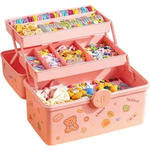 Hair Accessories Organizer for Girls Headbands, Clips, Ties,Baby Girl Supplies, Lockable Three-layer Folding Craft Organizers and Storage Plastic Kids Jewelry Box, Birthday Gifts for Little Girls (Medium, Pink)