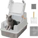 TENTIZON Stainless Steel Extra Large Covered Cat Litter Box with Lid, High Sides, Litter Mat, Scoop, Hooded Enclosed Kitty LitterBox for Big Cats Up to 24lbs, Multi-Cat, Ordor Control, Easy Clean (Light Grey)