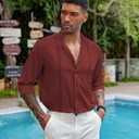 COOFANDY Men's Cuban Guayabera Shirt Casual Long Sleeve Button Down Shirts Band Collar Linen Summer Beach Shirt (XXL)