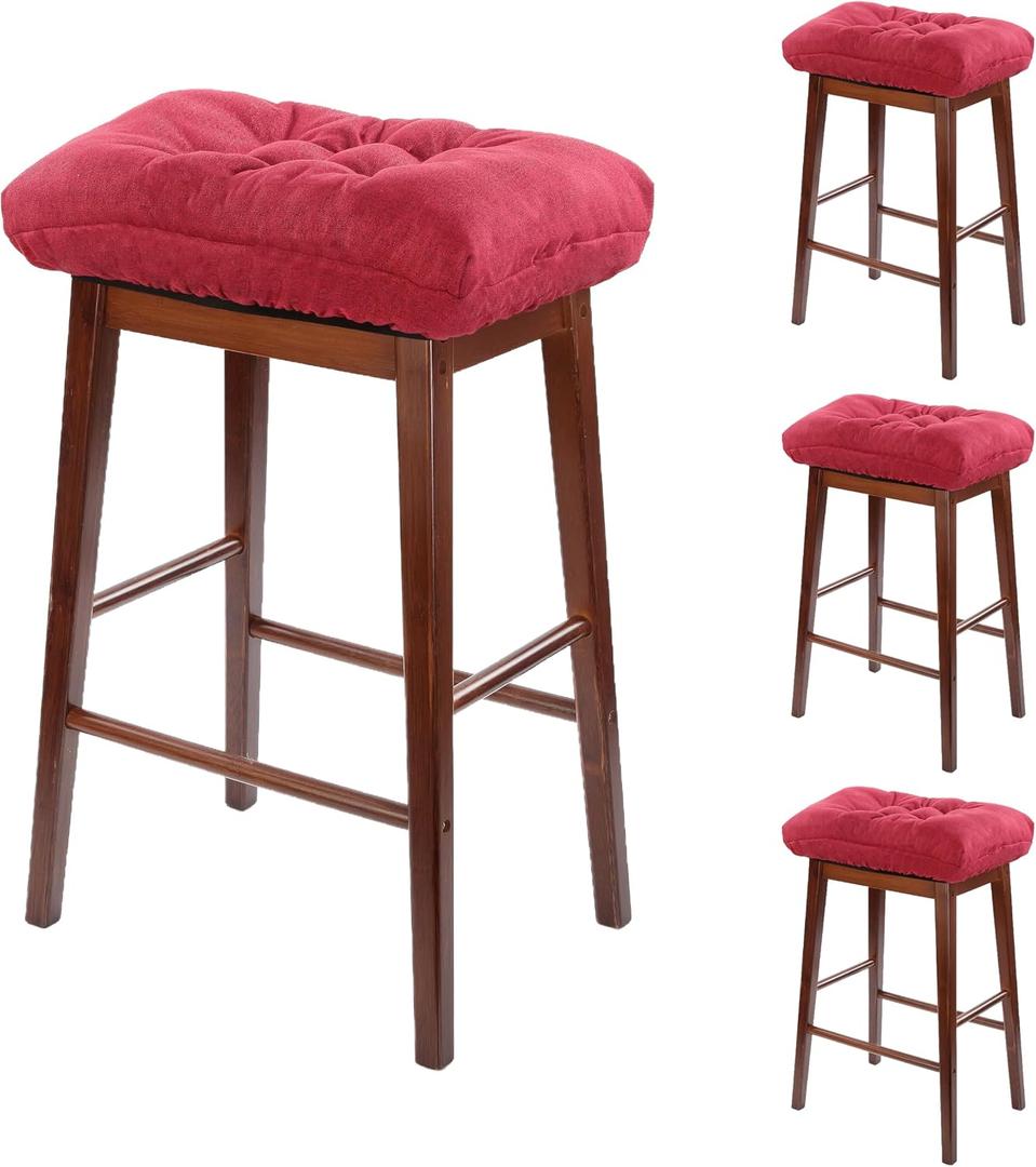 Rectangular Stool Cushion Set of 4, Soft Saddle Stool Cushions with Ties, Nonslip and Washable, Wine Red, 18 x 10.5 x 4 Inch