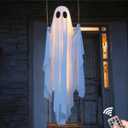 Halloween Decorations Outdoor - 5 FT Large Hanging Swing Ghost Halloween Decor with String Lights, Spooky Cute Ghosts Decorations for Front Porch Yard Tree