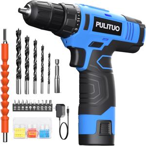 PULITUO 12V Blue Cordless Drill Set - Power Drill Kit with Battery and Charger, 3/8-Inch Keyless Chuck, Built-in LED, 21+1 Torque Setting