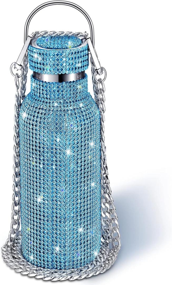 Geiserailie Diamond Water Bottle Bling Rhinestone Stainless Steel Thermal Bottle Refillable Insulated Glitter Water Jug with Chain for Women Girls Gifts(750 ml,Blue)