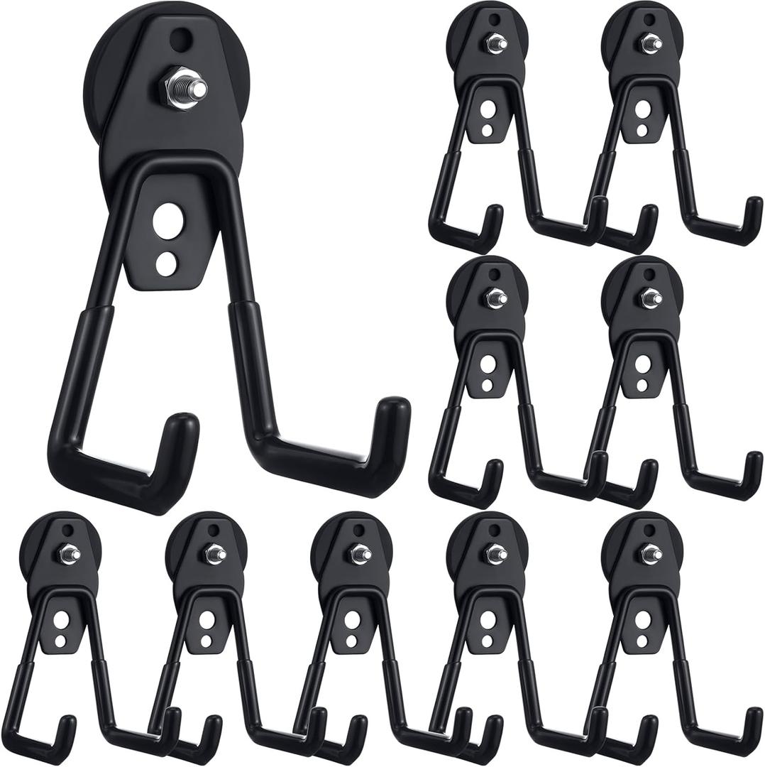 Landhoow 10 Pcs Large Magnetic Hooks Heavy Duty Garage Magnet Hooks Strong Storage Utility Magnetic Hangers with Anti Slip Rubber Coating for Indoor and Outdoor Hanging (Black)
