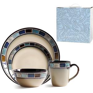Ceramic Dinnerware Set of 4, 4 Pieces Dishes Set,Plate and Bowl Set, Unique Gift Idea, Scratch Resistant Dishes, Dishwasher & Microwave Safe(Blue)