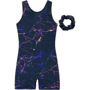 JESKIDS Leotards for Girls Gymnastics with Shorts Dance Biketards Tumbling Matching Hair Scrunchie 3~15 Years (Purple Crack)