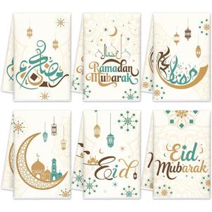 6 Pcs Eid Mubarak Kitchen Towels Ramadan Kareem Dish Towels Decorative Star Moon Stripe Hand Towel Islamic Tea Towel Ramadan Decor for Home Bathroom Kitchen Gifts(Elegant,Vintage Colors)