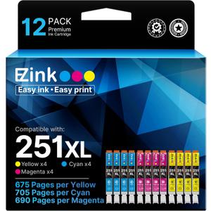 E-Z Ink Compatible Ink Cartridge Replacement for Canon CLI-251XL CLI 251 to use with PIXMA MX922 MX920 IP8720 IX6820 IP7220 MG5520 MG5420 MG7520 MG6320 Printer (4 Cyan, 4 Magenta, 4 Yellow, 12 Pack)