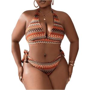 SOLY HUX Women's Plus Size Bikini Sets Halter Deep V Neck Piece 2 Bathing Suits Print Sexy Swimsuits Orange Geo 1XL