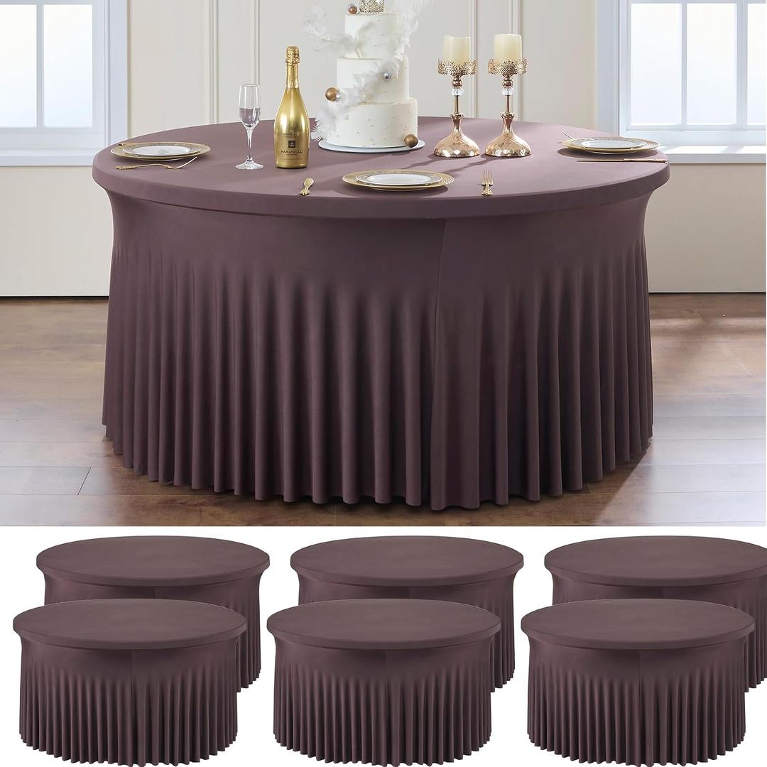 6 Pack Brown Spandex Round Tablecloths for 60 inch Table, Wrinkle Free Stretchy 120inch Fitted 5FT Round Table Cover Cloths with Skirt for Wedding Party Dining Banquet