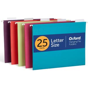 Oxford Hanging File Folders, 25 Pack, Letter Size (8.5" x 11"), 5 Bright Colors, 5 Tab Positions, Includes Tabs and Inserts, Hanging Files for Office and Document Organization