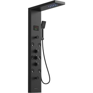 Homevacious 5 In 1 Shower Panel Tower System LED Rain Waterfall Shower Head and Adjustable Massage Body Jets 3 Settings Handheld Head and Tub Spout Stainless Steel Bathroom Panel Matte Black