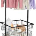 Rolling Laundry Cart with Wheels, Extra Large Laundry Hamper Basket Organizer with Clothes Hanging Rack, Wire Storage Cloth Shelf Butler, Black, 23 x 19 x 2.73 inches