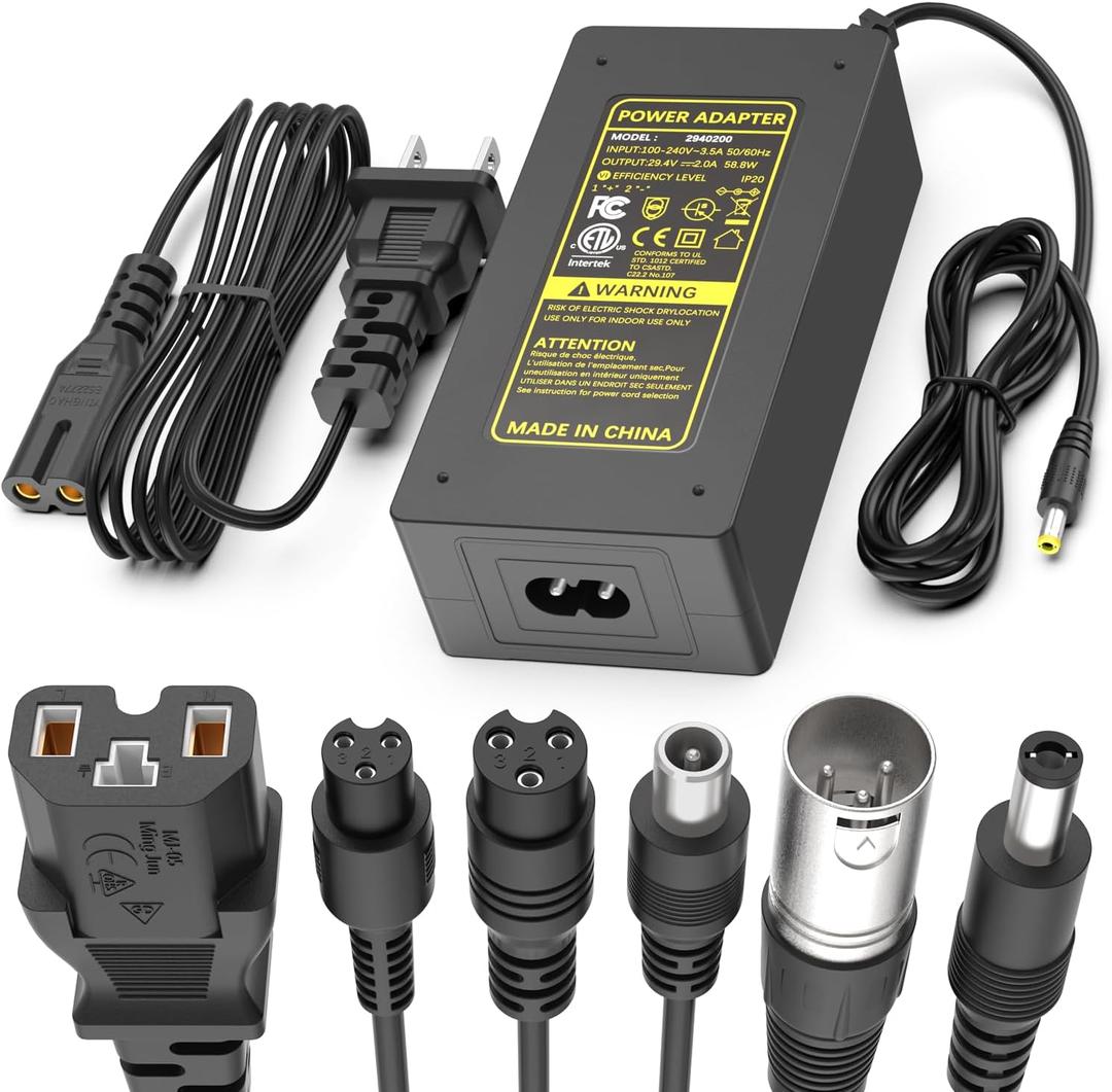 ETL Certified 29.4V 2A Electric Scooter & Hoverboard Fast Charger for 24V 25.2V 7S Lithium Battery, Universal 7-in-1 ebike Replacement Plugs for Gotrax/Jetson/Razor/Ninebot/Segway,etc