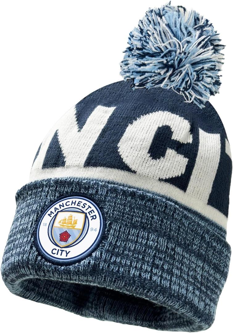 Fan Ink Manchester City Beanie Knitted Ski Hat, Licensed Man. City Winter Hat. Blue