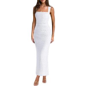 REORIA Summer Wedding Guest Maxi Dresses for Women Sleeveless Square Neck Sheer Mesh Ruched Bodycon Long Dress Trendy Clothes (White, S)