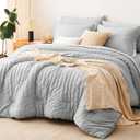CozyLux Queen Comforter Set Light Grey Seersucker 7 Pieces Bed in a Bag Queen Comforter Set with Sheets, Light Gray Luxury Soft Bedding Set with Down Alternative Comforter, Sheets, Pillowcases & Shams