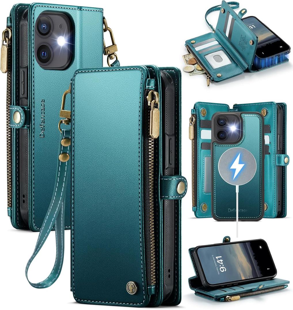 Defencase for iPhone 12/ Pro Magnetic Wallet Case Compatible with Magsafe with RFID Blocking Zipper Strap Card Holder for Women, PU Leather Detachable Case for iPhone 12 & 12 Pro 6.1 inch, Blue Green