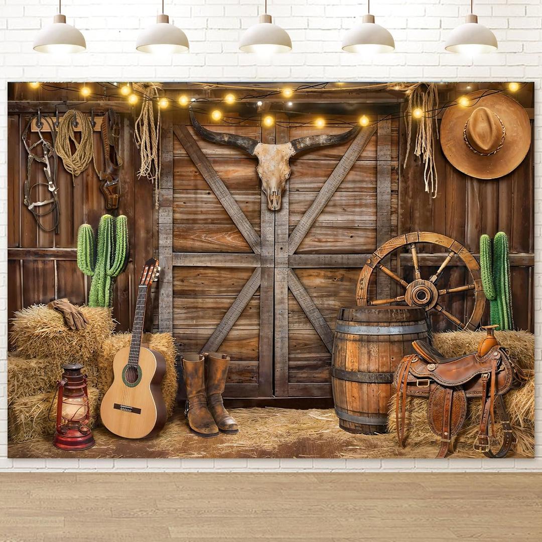 Western Cowboy Backdrop Banner, 7X5FT Wild West Rustic Wooden Barn House Photography Background for Western Party Decoration, Rodeo Backdrop for Kid Birthday Party, Reusable and Washable (Brown)