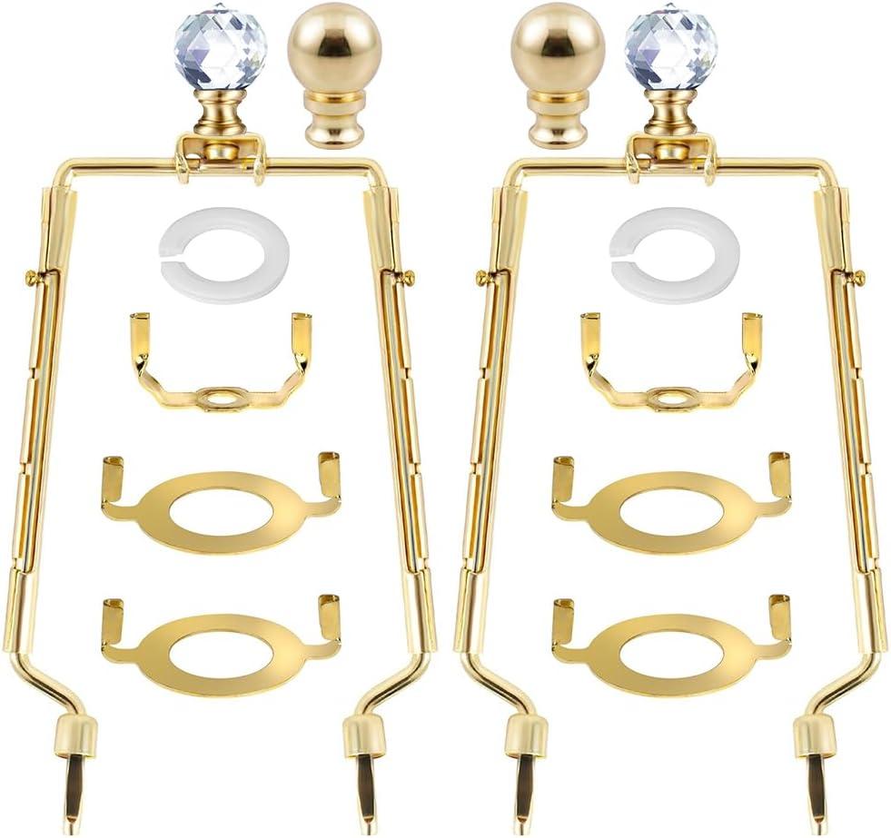 8 9 10 11 inch Gold Lamp Shade Harp Holder, 2 Set Adjustable Height Harp Kit with Crystal & Metal Finial, DIY Replacement Repair Lampshade Bracket E14 E26 E27 Adapter Base Table Floor Light