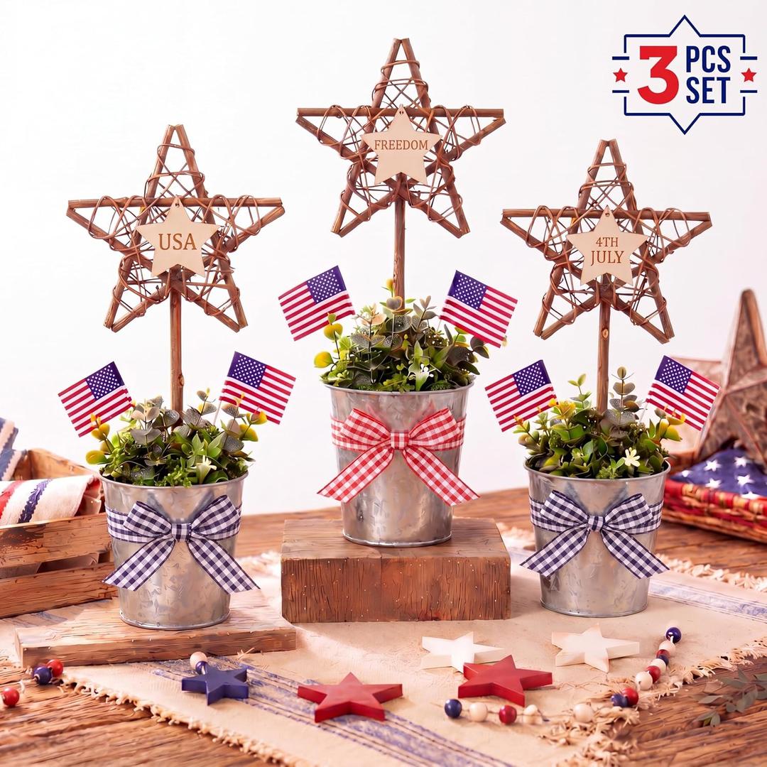 Lineshading 3 Pcs 4th of July Table Decorations USA Memorial Day Decor 250th Anniversary Patriotic Tiered Tray Centerpieces Rustic Farmhouse Rattan Star Desk Potted Decor for Memorial Day 4th July