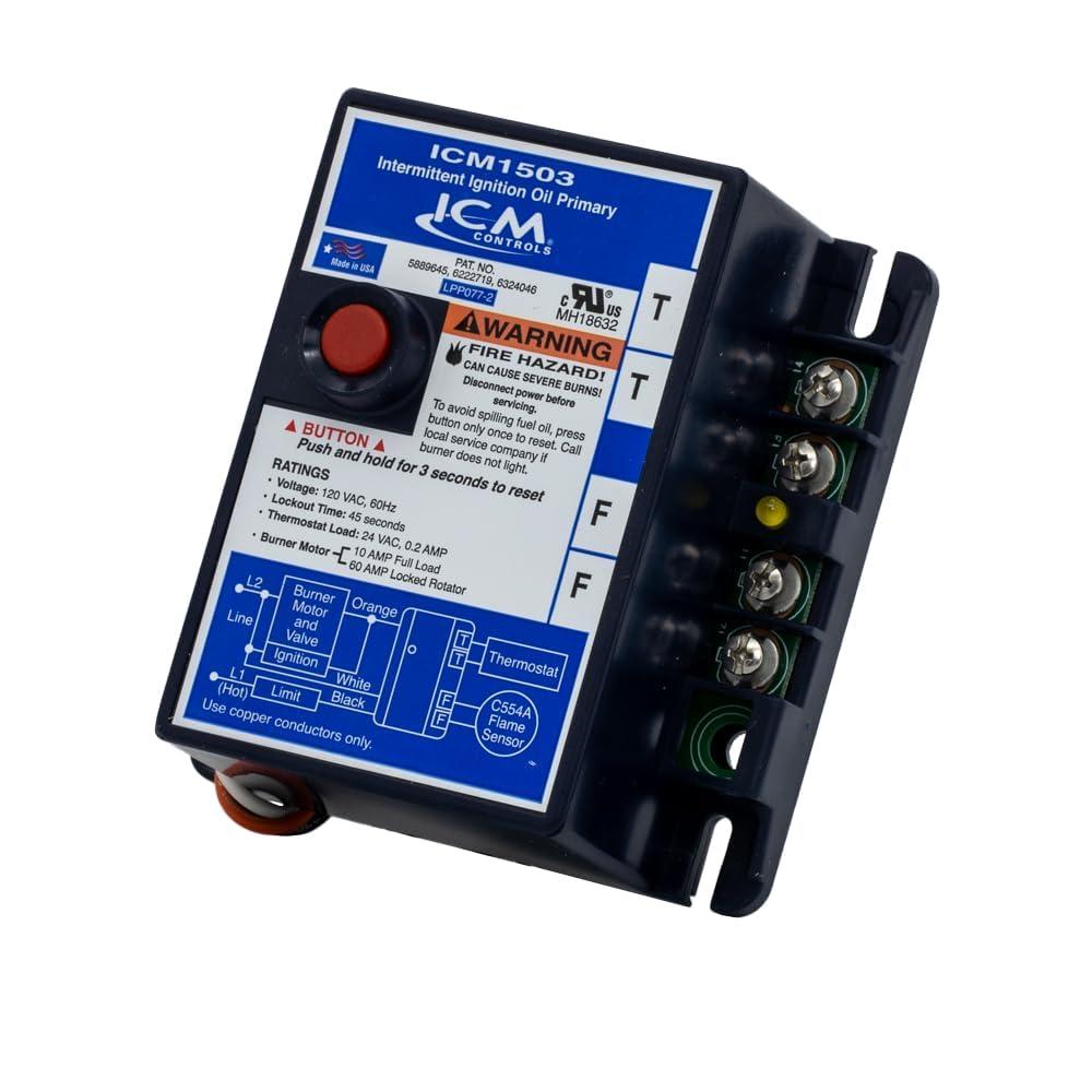 ICM Controls ICM1503 Intermittent Ignition Oil Primary Control  45-Second Safety Lockout, LED Indicator, Solid-State Flame Sensor, External Reset Button, 120V for Oil Burner Systems