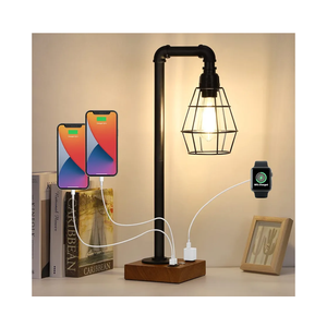 CADUKE Industrial Touch Control Table Lamp, LED Bulb Included, 3 Way Dimmble Lamp with 2 USB Ports and AC Outlet, Bedside Nightstand Desk Lamps with Metal Cage Shade for Bedroom Living Room Farmhouse