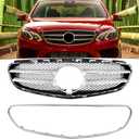 Front Bumper Grill Grille Fit For 2014 2015 2016 Mercedes E-Class E250/ E350/ E400/ E550/ W212/ S212, Radiator Grill + Chrome Molding Trim Replacement Parts Grid Accessories (Silver & Black)