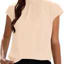 Funlingo Womens Summer Tops Mock Neck Short Cap Sleeve Blouses Business Casual Work Chiffon Shirts Front Pleated Tunic Top M