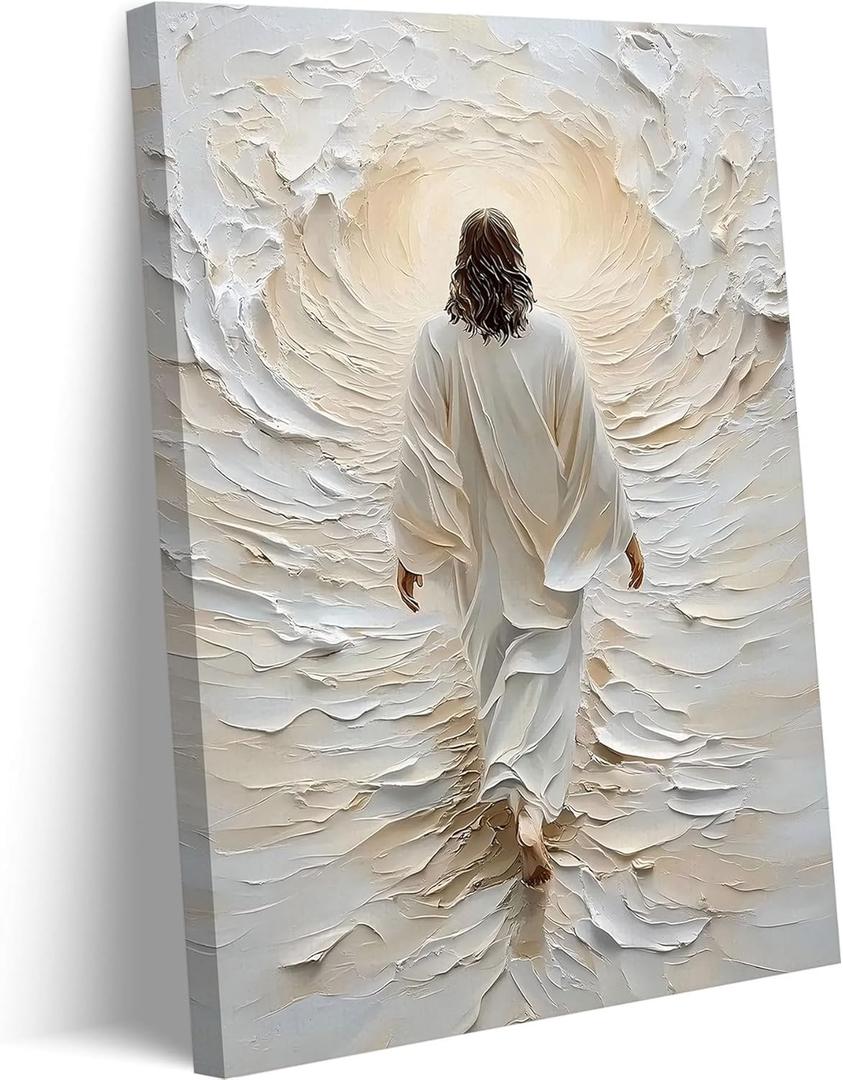 Abstract Jesus Walking On Water Canvas Wall Art White Jesus Christ Wall Decor Picture Christian Bible Stories Poster Print Painting for Church Prayer Room Living Room Home Decoration Prepare To Hang (16"L x 12"W)