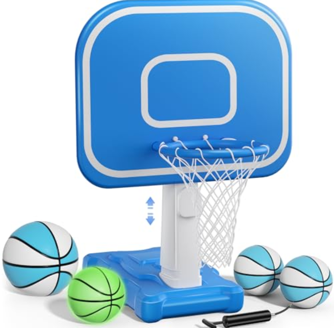 Pool Basketball Hoop, 33"x26"x50" Oversized Pool Toys with Adjustable Height Includes 4 Balls(Size 6, 2×Size 3, Glow)/ Nets/Pump for Poolside Water Basketball Game, Swimming Pool Games for Kids Adults